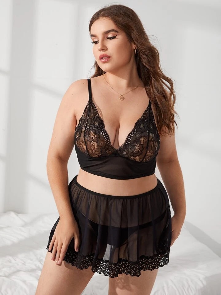 Sexy Black Mesh Lace Lingerie Set Women's Bra and Underwear