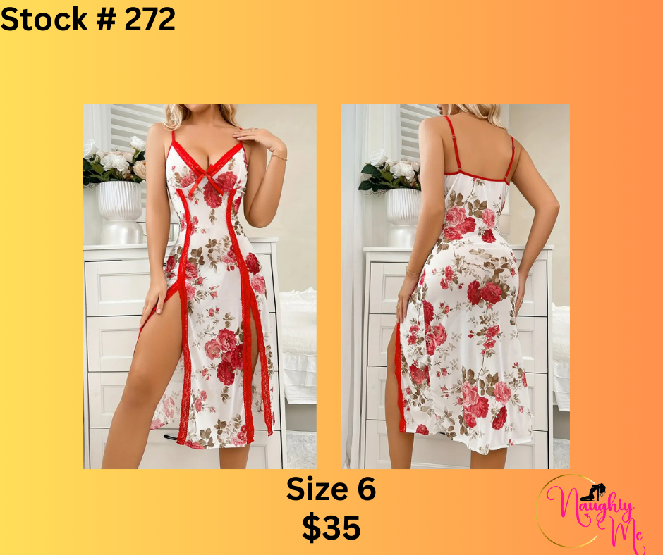 Red and White side Split night dress