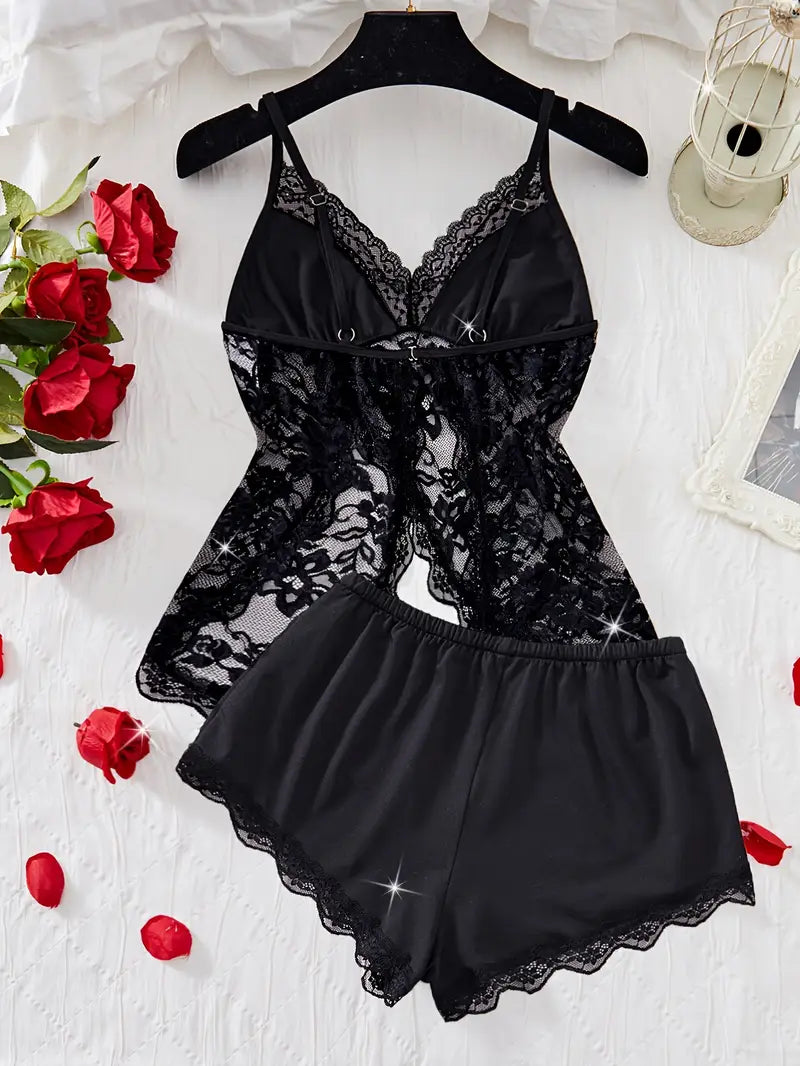2 pc Black Boyshort with Lace Top