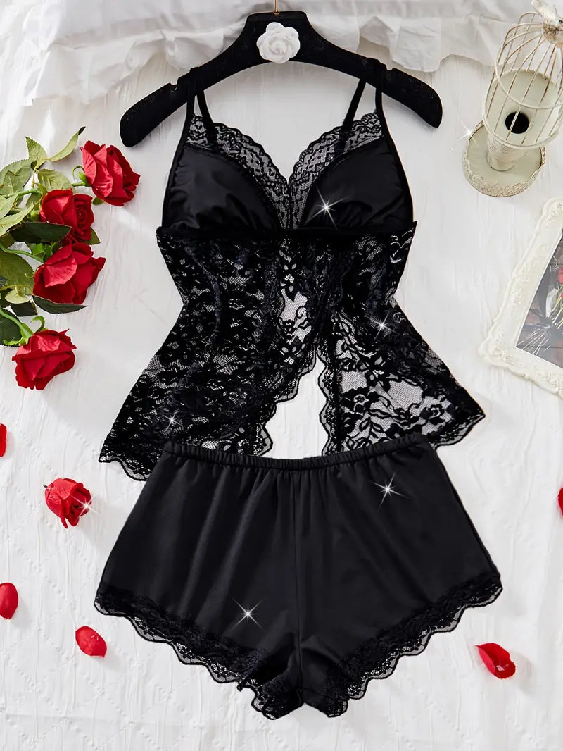 2 pc Black Boyshort with Lace Top