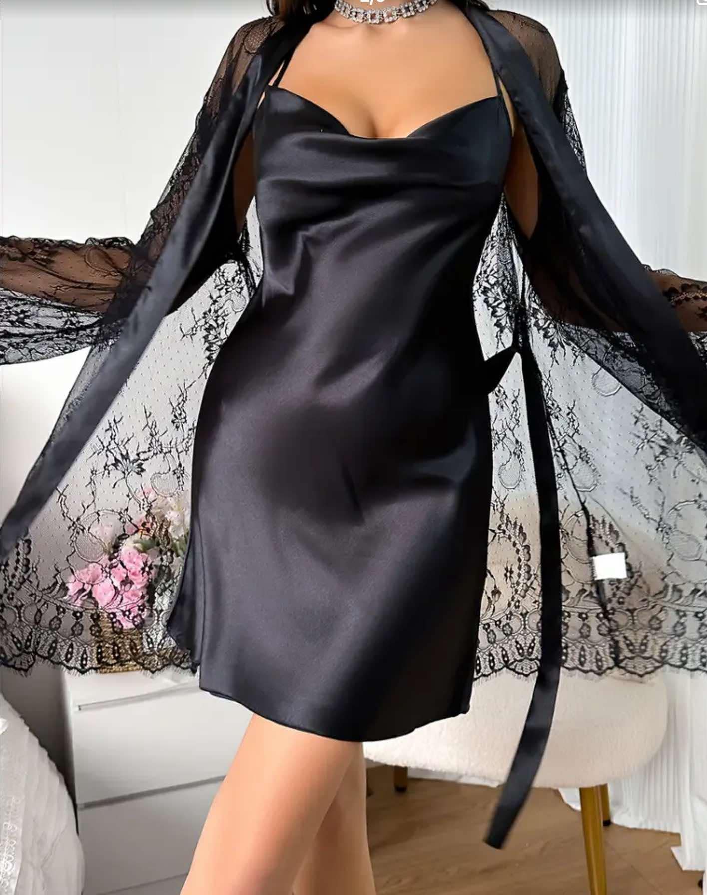 2Pc Satin Night Dress with Lace Robe