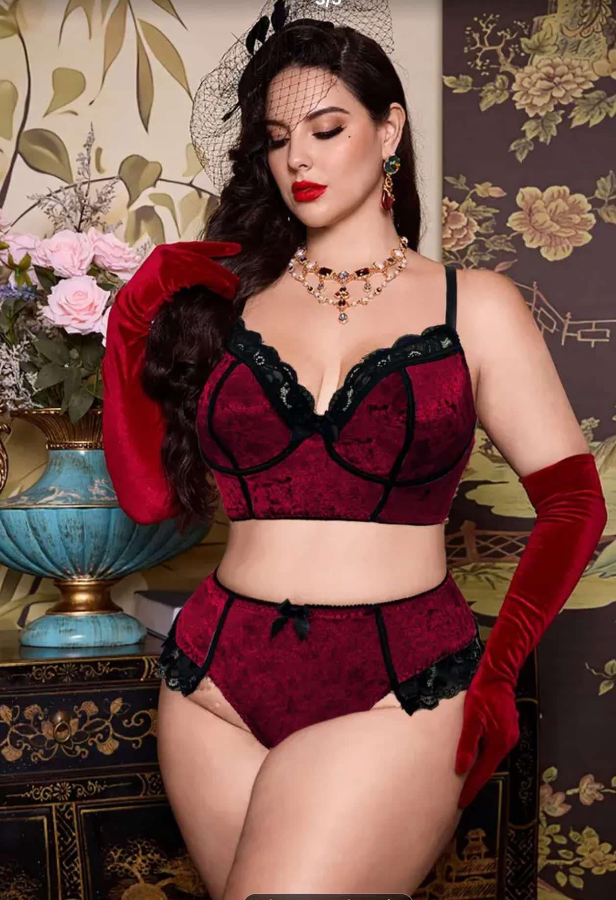 2pc Velour with Black Lace