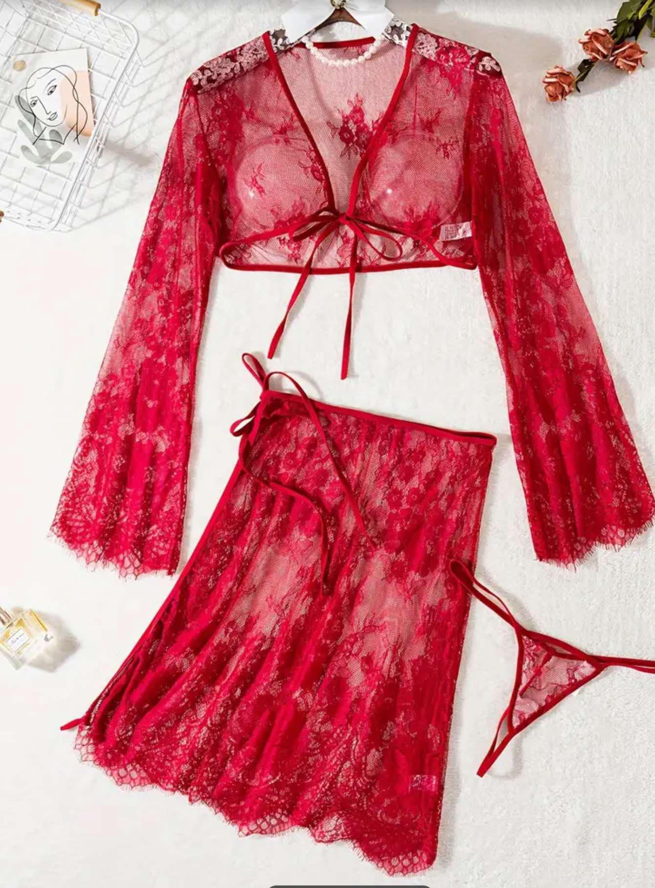 3 Piece Red Lace Skirt & Top Lingerie Set