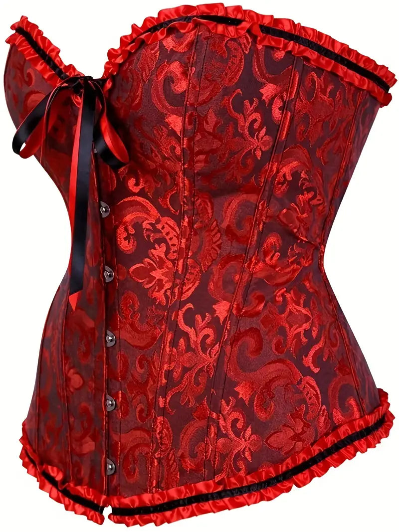 Lace Up Corset Bustier with Ruffle Straps - Tummy Control Jacquard Body Shaper for Women's Lingerie & Shapewear