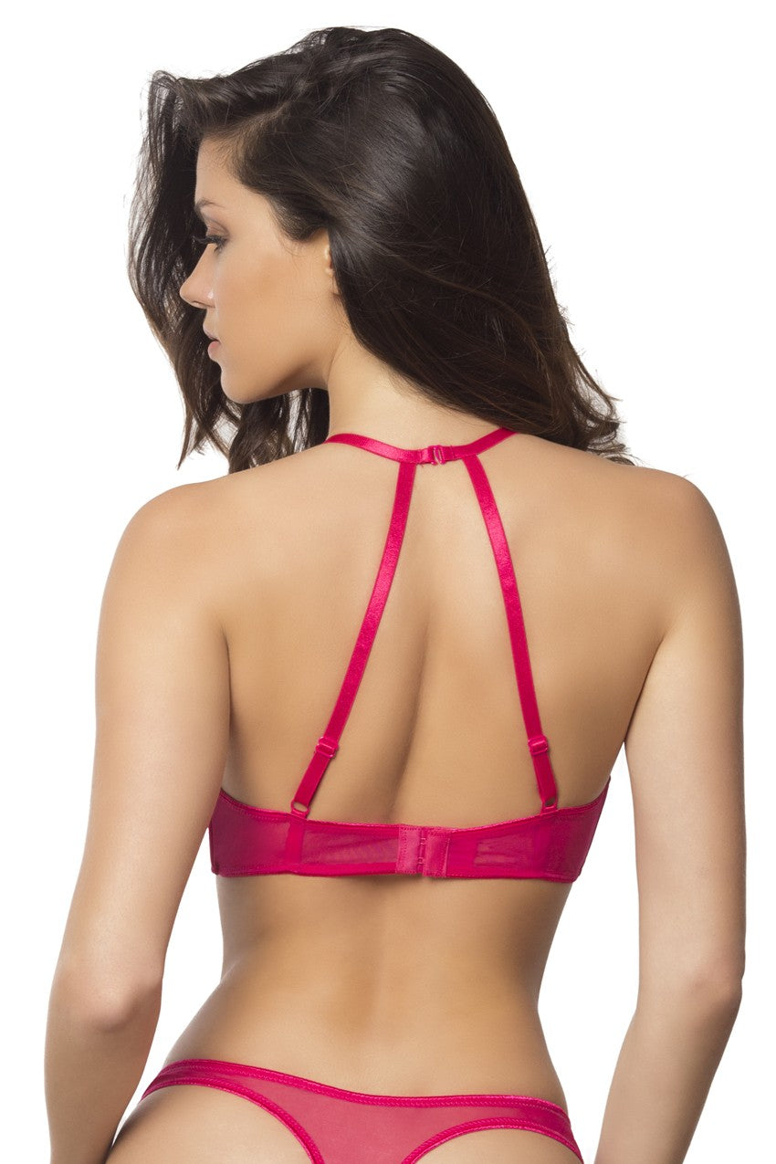 High Neck Bra With Diagonal Eyelash Lace Panels - Large - Bright Rose