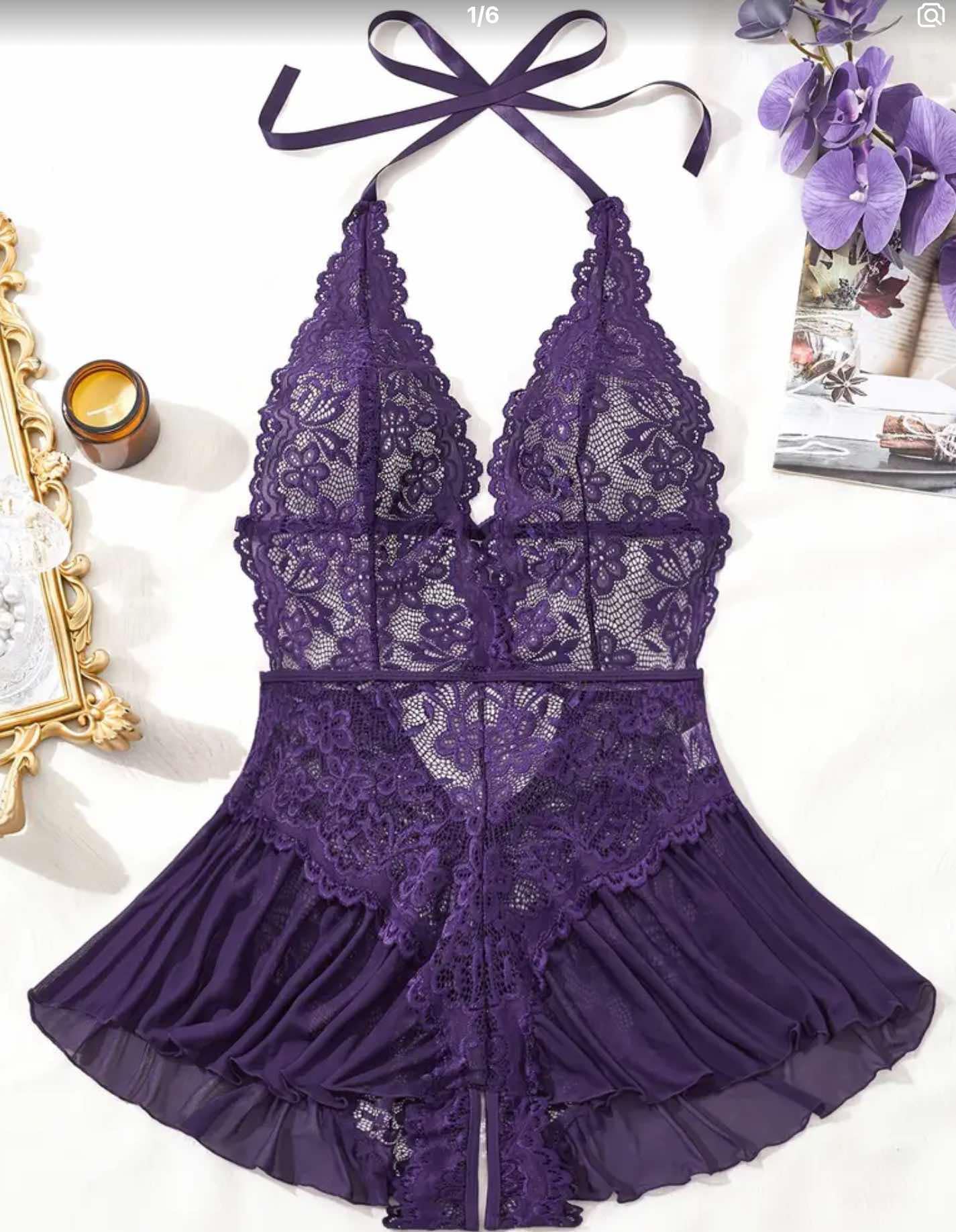 Purple Sheer and Lace bodysuit Crotchless