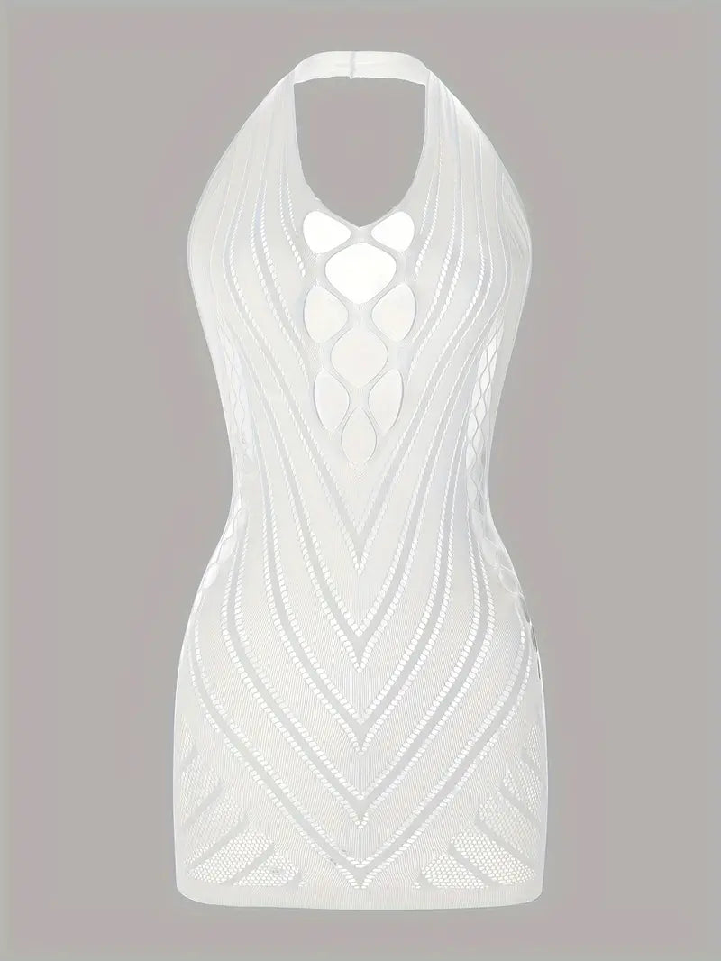 Hot Jacquard Fishnet Dress, Hollow Out Halter Backless Bodycon Babydoll
