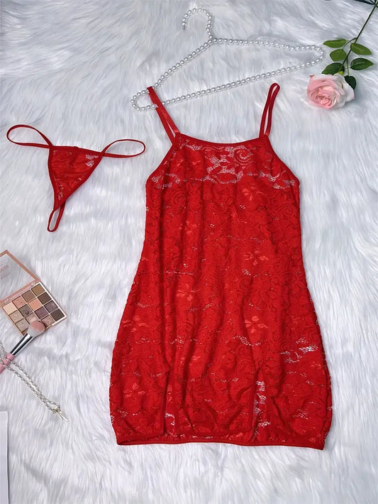 Plus Size Floral Lace Lingerie Dress with Free Thong - Sexy Valentine's Day Cami Dress with Semi Sheer Split Hem