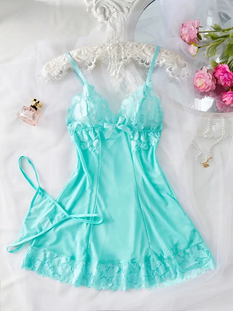 Elegant Turquoise Lace Trimmed Slip Dress