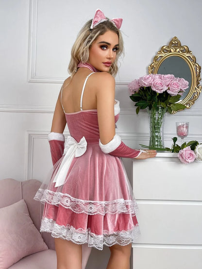 6pack Bow Front Contrast Lace Velvet Costume Dress Set