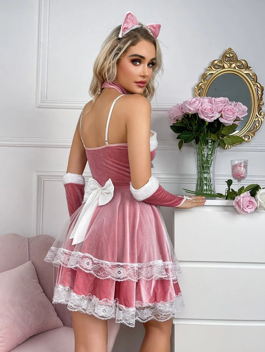 6pack Bow Front Contrast Lace Velvet Costume Dress Set