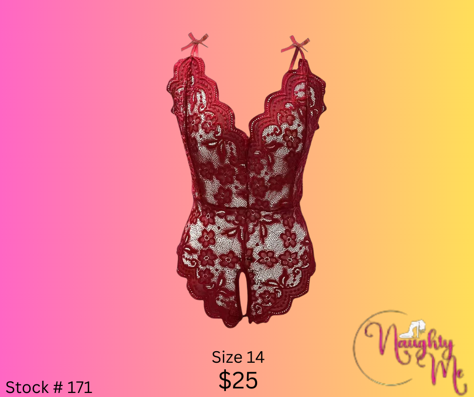 RED Crotchless One Piece Deep V Teddy Floral Lace