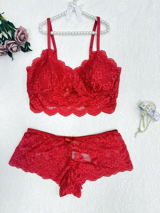 Plus Size Women's Sexy Red Floral Hollow Lace Bra & Panty Lingerie Set