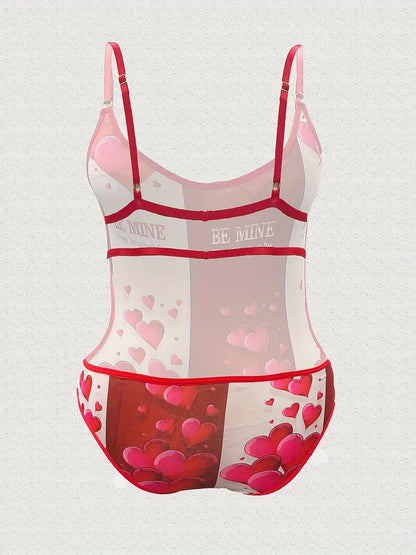 Plus Size Heart Print Cut Out Sexy Lingerie Bodysuit, Women's Plus Slight Stretch Semi Sheer Sexy Costumes Bodysuit