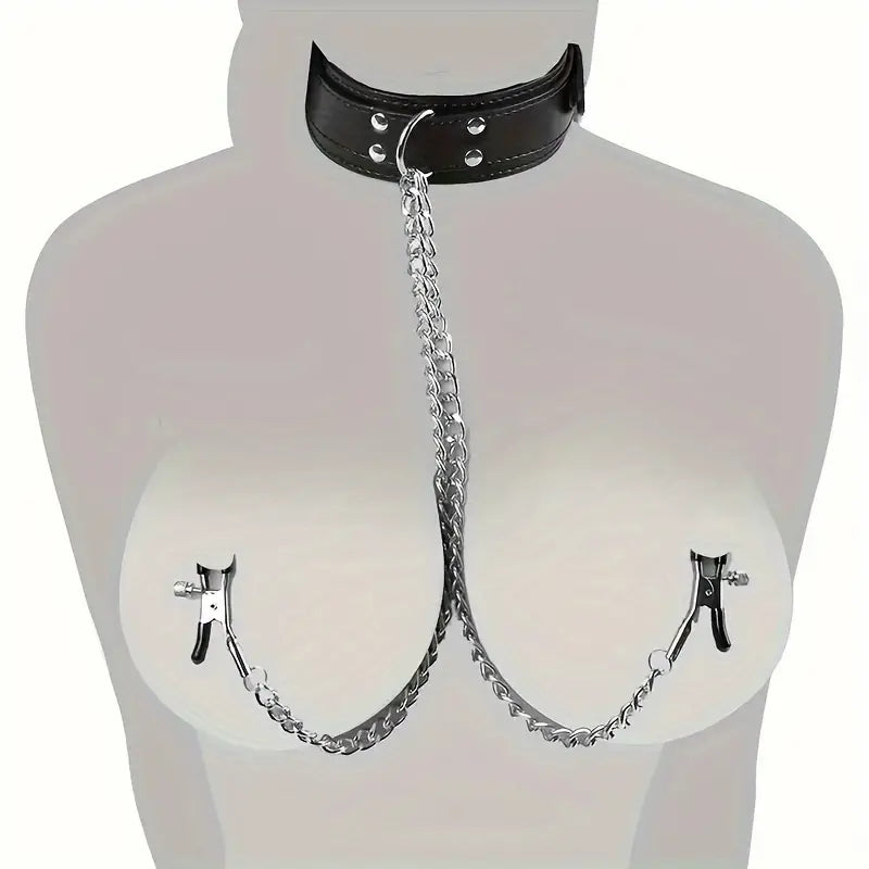 1set Collar With Adjustable Nipple Clamps, PU Leather Collar Chain Collar With Nipple Clamps