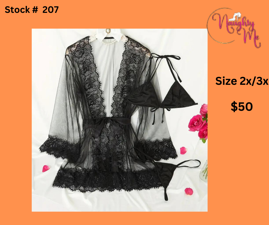 BLACK SHEER AND LACE TRIM  3 PC SET