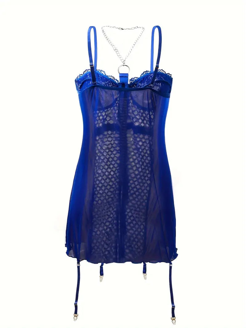 Women's Plus Size Sexy Contrast Lace Mesh Halter Slip with O-ring Chain and Sheer Fabric