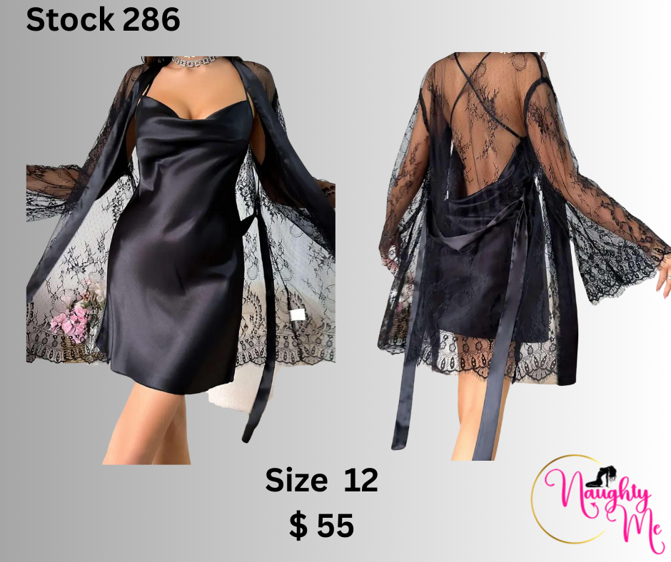 2Pc Satin Night Dress with Lace Robe