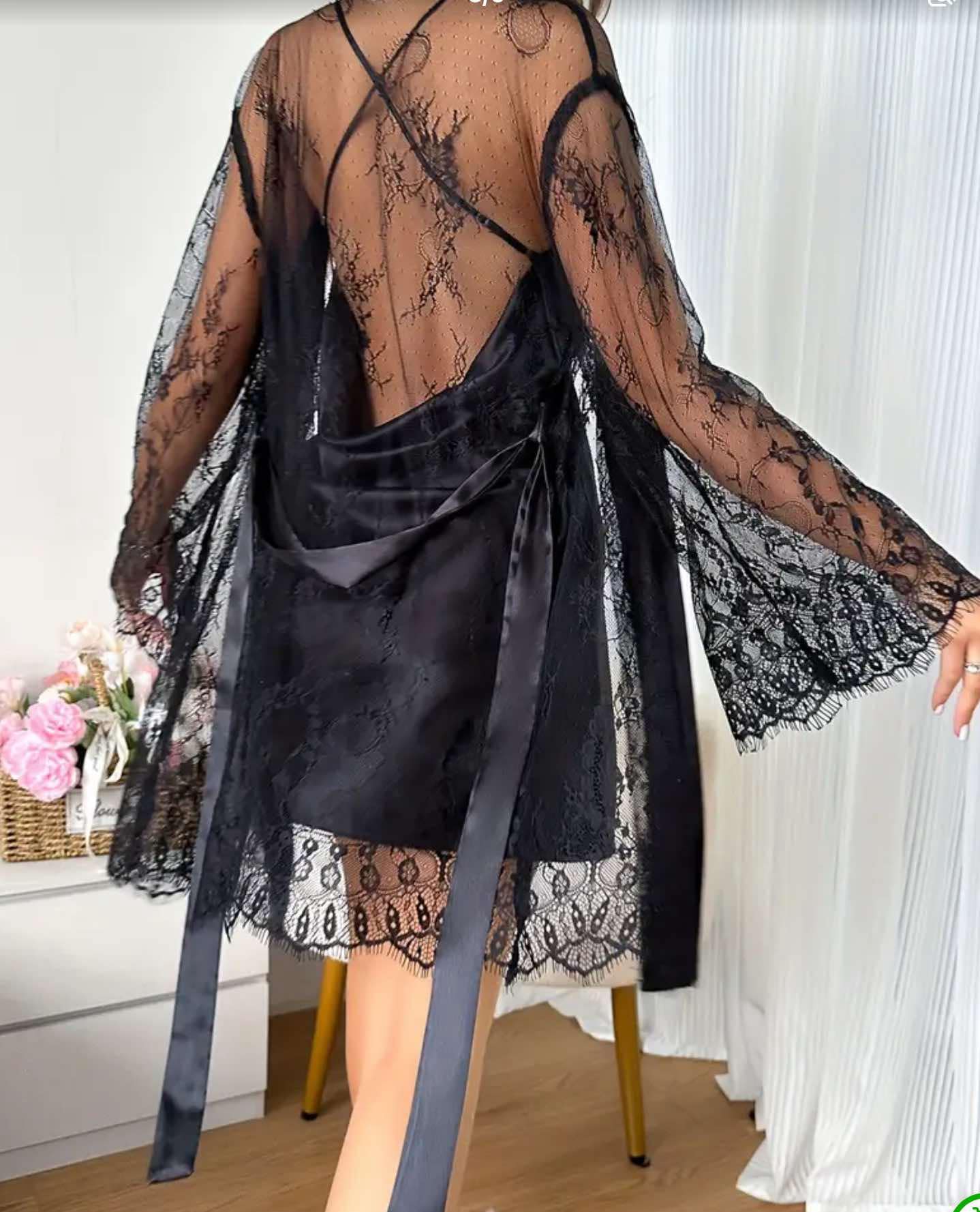 2Pc Satin Night Dress with Lace Robe