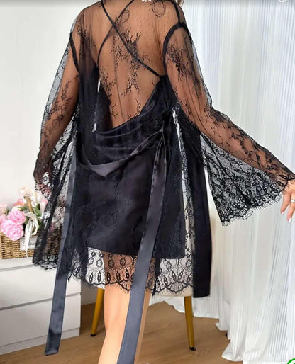 2Pc Satin Night Dress with Lace Robe