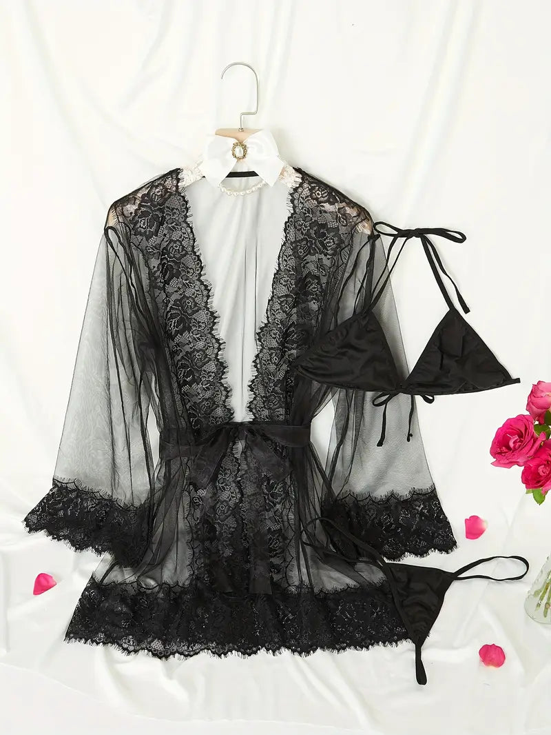 Sexy Lingerie Set - Contrast Lace Semi Sheer Robe