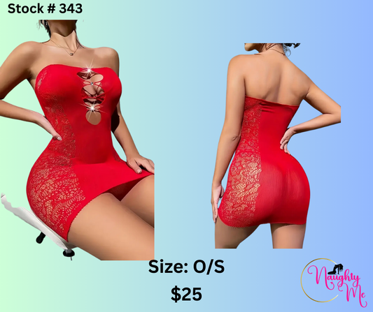 RED STRAPLESS MESH DRESS