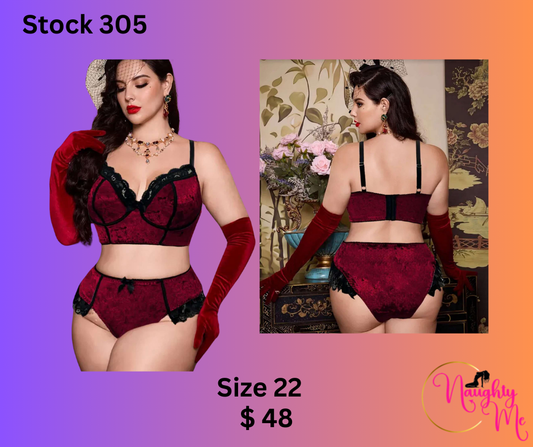 Red Velour 2 pc bra and Panty set