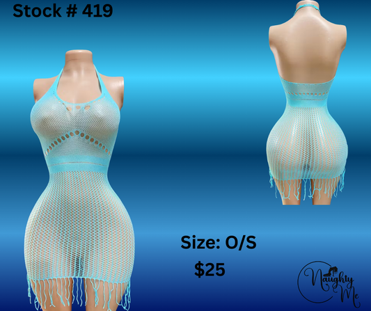 MESH LAKE BLUE DRESS WITH TASSELS