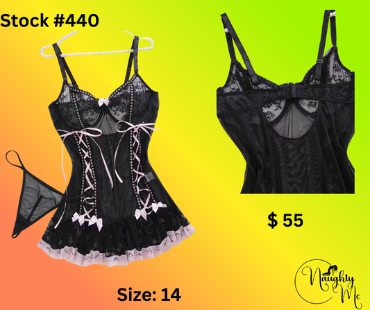 BLACK/PINK LACE UP BUSTIER BABYDOLL