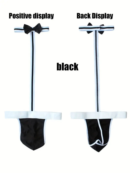 one-piece fashion Sexy Men's Servant Waiter Roleplay Costume with Bow Collar and Thong - Perfect for Nightclubs and Performances