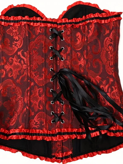 Lace Up Corset Bustier with Ruffle Straps - Tummy Control Jacquard Body Shaper for Women's Lingerie & Shapewear