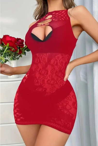 red sexy dress hanging neck slim one-piece pajamas sexy see-through underwear