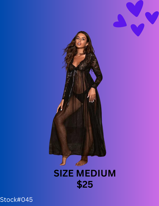 LONG BLACK SHEER ROBE WITH LACE TOP