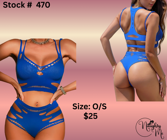 2pc Mesh blue hollow out bodysuit