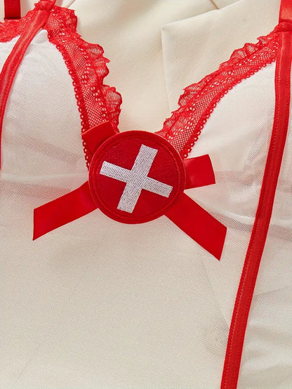 Naughty Nurse Role Play Costume, Color Block Semi Sheer Mesh Cami Dress & Thong & Nurse Hat, Women's Sexy Clothing
