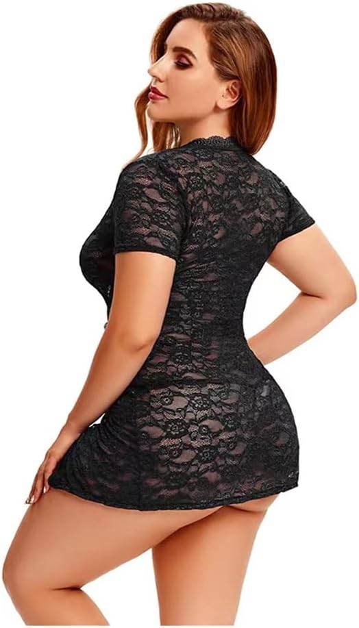 BaronHong Women Plus Size Babydoll Lingerie Back Criss Cross Lace Trim Chemise Sleepwear Short Sleeve