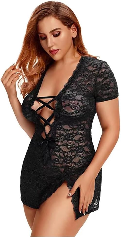 BaronHong Women Plus Size Babydoll Lingerie Back Criss Cross Lace Trim Chemise Sleepwear Short Sleeve