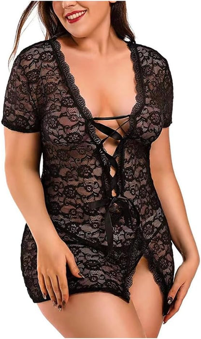 BaronHong Women Plus Size Babydoll Lingerie Back Criss Cross Lace Trim Chemise Sleepwear Short Sleeve