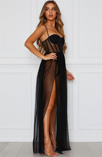 Women's Strap Sheer Mesh Dress Sleeveless Spaghetti Strap Slit Party Maxi Skirt Backless Clubwear Party Long Dresses