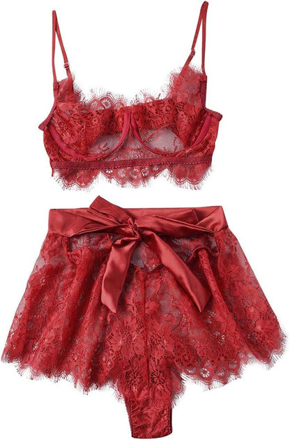 Women Lace Bra and Panty Patchwork Bow Sexy Lingerie Underwear Sleepwear Set Hence Under Wear