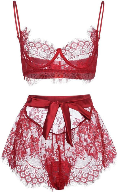 Women Lace Bra and Panty Patchwork Bow Sexy Lingerie Underwear Sleepwear Set Hence Under Wear