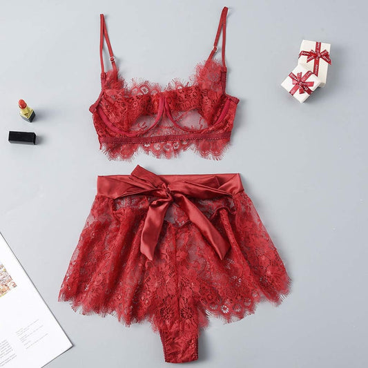 Women Lace Bra and Panty Patchwork Bow Sexy Lingerie Underwear Sleepwear Set Hence Under Wear