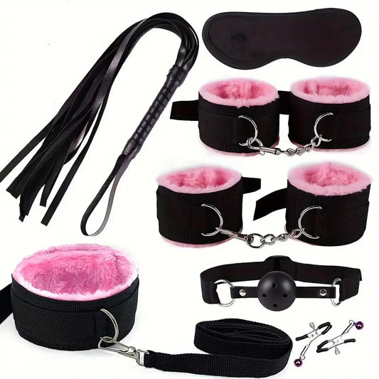 7pcs Bondage Restraints BDSM Kit Bondage Set Sex Toys, Adult Restraint Set Hands And Legs Straps Rope Mask Cuffs Gags Nipple Clips For Couples Men Women