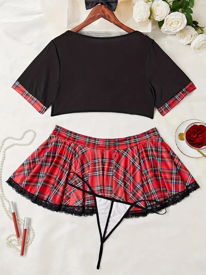 Plaid Print Tie Front Crop Top & Pleated Contrast Lace Panel Skirt Roleplay Costumes