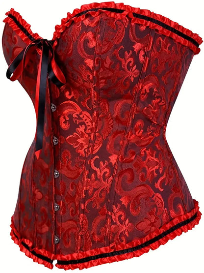 Lace Up Corset Bustier with Ruffle Straps - Tummy Control Jacquard Body Shaper for Women's Lingerie & Shapewear