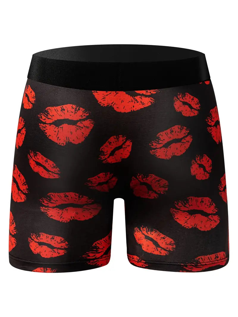 1pc Plus Size Dollar Lips Print Men's Graphic Long Boxer Briefs Shorts, Ultra-thin Breathable Comfy Quick Drying Stretchy Boxer Trunks, Sports Trunks, Swim Trunks For Beach Pool, Men's Novelty Underwear, Valentine's Day