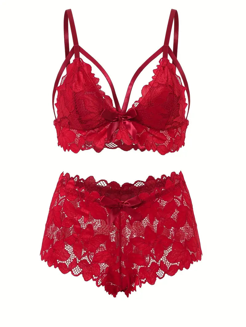 Women's Bra, Sexy, Temptation Underwear, Bra, Thong Shorts Set, Lace, Sexy Lingerie, Temptation Underwear, Camisole, Appealing, See Through, Lace Pattern, 2-Piece Set, Cute, Full Lace, Underwear, Sleepwear, Popular, Temptation Underwear