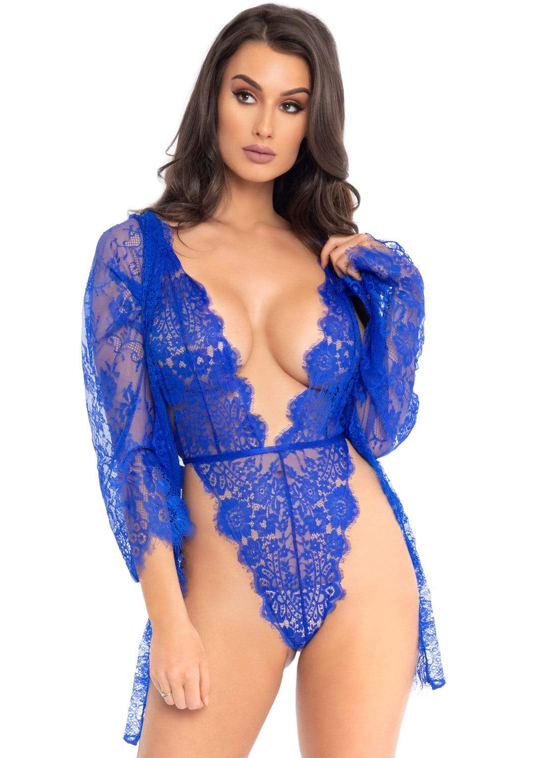 3pc Lace Teddy and Robe Set - Royal Blue - Small