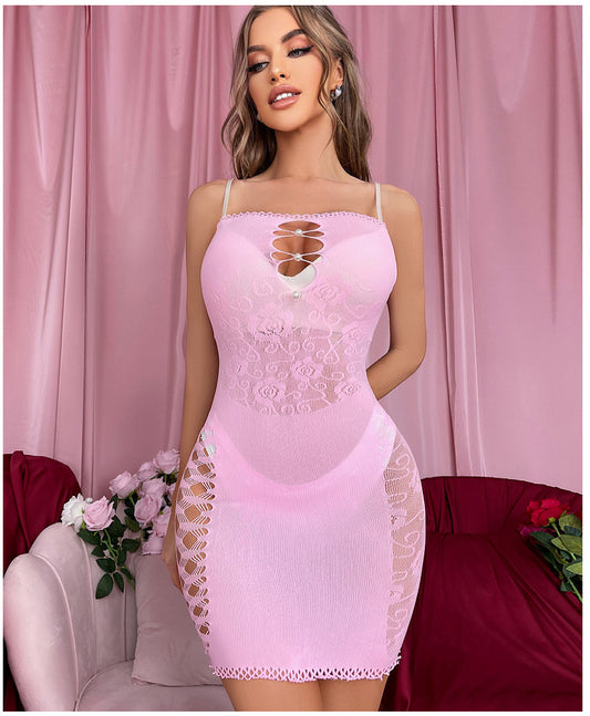 New gentle pink pearl embellishment with buttocks and hollowed out dress ins popular and Rhinestone Lingerie for Mature Women