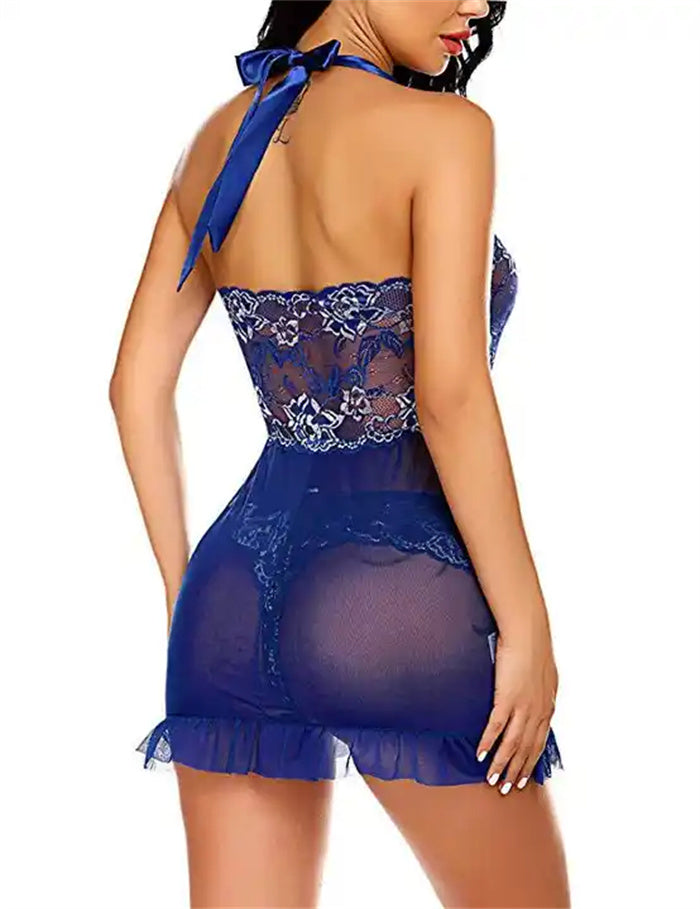 Women's plus size sexy lingerie cardigan temptation neck nightdress tulle lace sexy pajamas